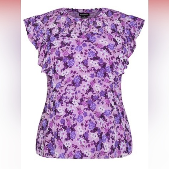 City Chic Violet Floral Ruffle Top XL 22 NEW - Picture 2 of 9
